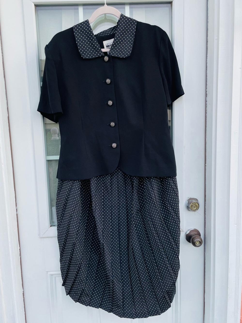 Vintage Leslie Fay Dresses Polka Dot Skirt Suit Set Size 14 Black & White